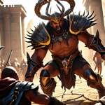 ** Ares unleashing his ultimate "No Escape" in a team fight, surrounded by chained enemies and allies following up with attacks. Focus on dynamic action and magical effects.

**