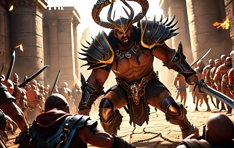 ** Ares unleashing his ultimate "No Escape" in a team fight, surrounded by chained enemies and allies following up with attacks. Focus on dynamic action and magical effects.

**