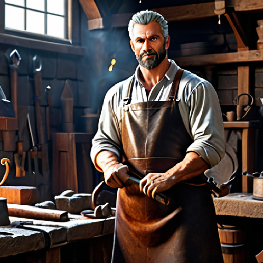 Fantasy RPG - Blacksmith Ares**
"A professional and friendly blacksmith named Ares, fully clothed in a modest leather apron and sturdy clothing, standing in his well-lit forge, surrounded by tools and crafted weapons. The forge is filled with warm light and sparks, appropriate attire, safe for work, perfect anatomy, correct proportions, natural pose, professional digital art, high quality, family-friendly."
**
