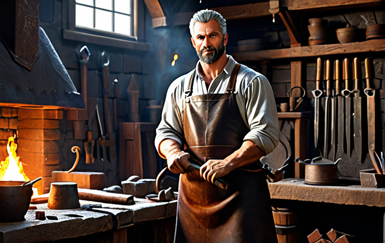 Fantasy RPG - Blacksmith Ares**
"A professional and friendly blacksmith named Ares, fully clothed in a modest leather apron and sturdy clothing, standing in his well-lit forge, surrounded by tools and crafted weapons. The forge is filled with warm light and sparks, appropriate attire, safe for work, perfect anatomy, correct proportions, natural pose, professional digital art, high quality, family-friendly."
**