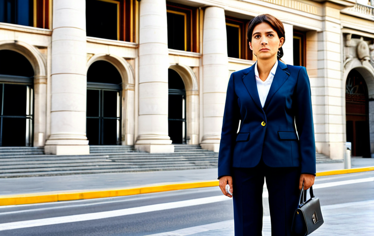 **
"A professional businesswoman in a modest business suit, standing in front of the Bank of Spain in Madrid, fully clothed, appropriate attire, safe for work, perfect anatomy, natural proportions, professional photography, high quality."
**