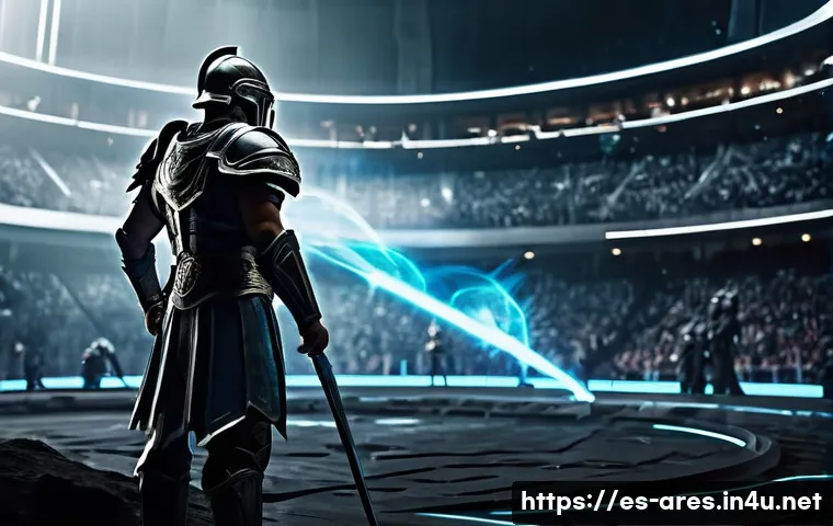 아레스 PvP 공략 - **Image Prompt 1: The Gladiator's Calm Focus**
A lone, heavily armored gladiator warrior stands ...