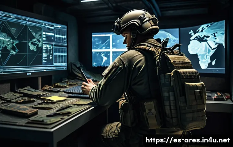 아레스 특수 퀘스트 공략 - A tactical soldier in modern combat gear carefully selecting weapons and equipment inside a dimly li...