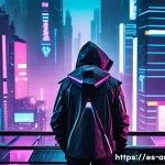 아레스 공식 트레일러 분석 - A futuristic dystopian cityscape at night, illuminated by vibrant neon lights in blues, pinks, and p...