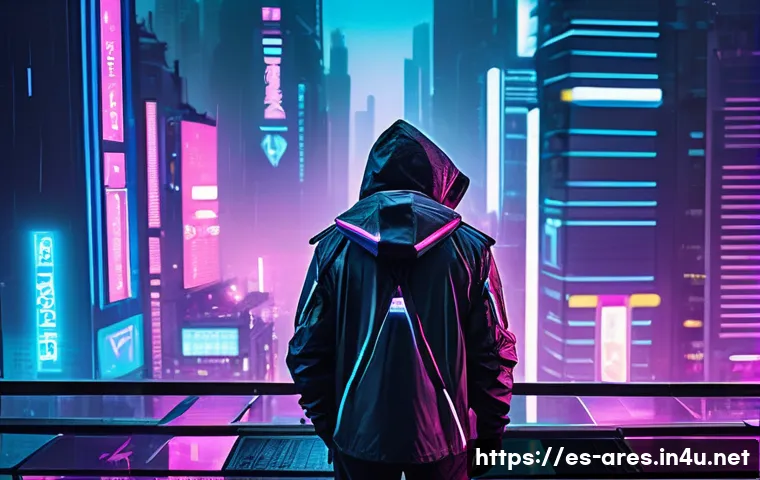 아레스 공식 트레일러 분석 - A futuristic dystopian cityscape at night, illuminated by vibrant neon lights in blues, pinks, and p...