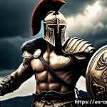 아레스 스토리 해석 - Ares, the Greek god of war, depicted as a powerful and imposing warrior wearing a detailed bronze he...