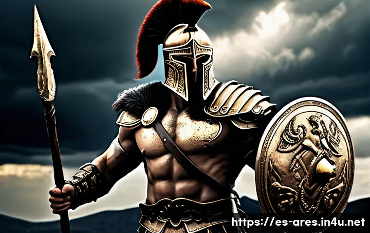 아레스 스토리 해석 - Ares, the Greek god of war, depicted as a powerful and imposing warrior wearing a detailed bronze he...