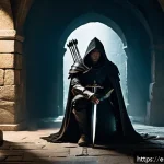 아레스 퀘스트 지역별 정리 - A stealthy fantasy warrior dressed in light leather armor and a dark cloak, crouching in deep shadow...