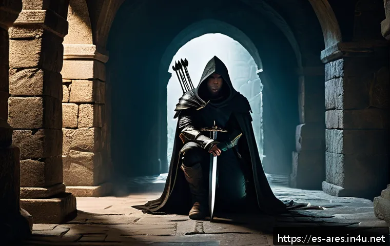 아레스 퀘스트 지역별 정리 - A stealthy fantasy warrior dressed in light leather armor and a dark cloak, crouching in deep shadow...