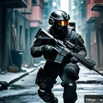 아레스 무기 선택 팁 - A dynamic battlefield scene featuring a futuristic soldier named Ares, clad in tactical armor with v...