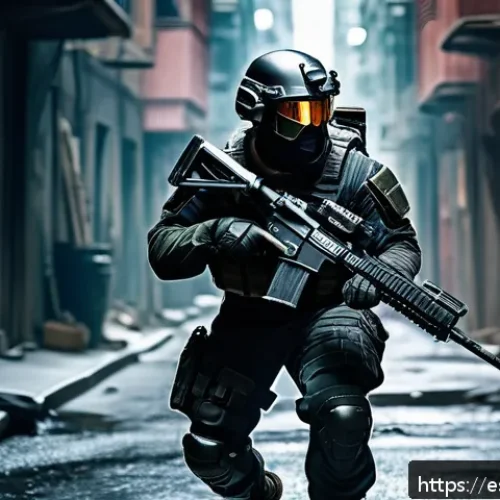 아레스 무기 선택 팁 - A dynamic battlefield scene featuring a futuristic soldier named Ares, clad in tactical armor with v...