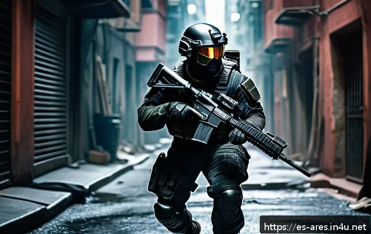 아레스 무기 선택 팁 - A dynamic battlefield scene featuring a futuristic soldier named Ares, clad in tactical armor with v...