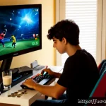 아레스 초보자 가이드 - Photorealistic cinematic scene of a young Spanish beginner gamer in a cozy Madrid apartment, sitting...