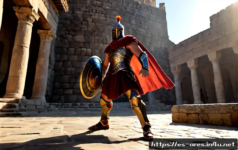 아레스 버프 스킬 활용법 - Photorealistic fantasy game scene, a powerful warrior inspired by Ares activating a crimson battle b...
