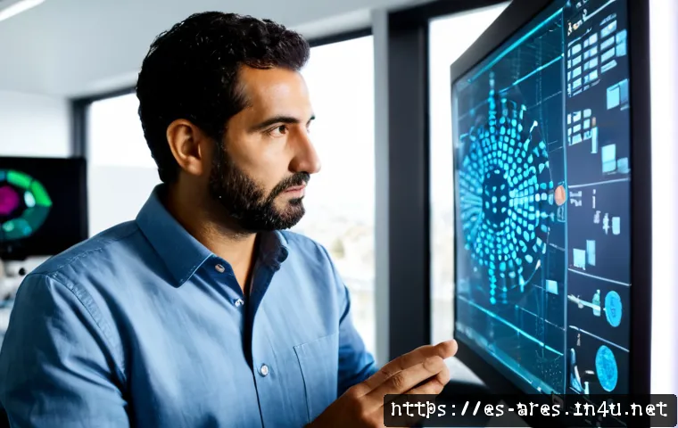 아레스 적응형 AI 특징 - Photorealistic Spanish aerospace engineer in a modern Madrid research lab, studying an adaptive arti...