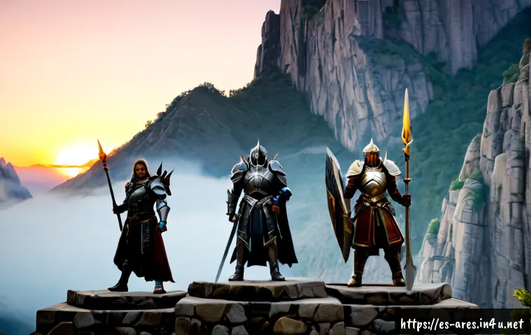 아레스 라이즈오브가디언즈 직업 티어 - Photorealistic fantasy game class tier comparison scene, four distinct armored heroes standing on wi...